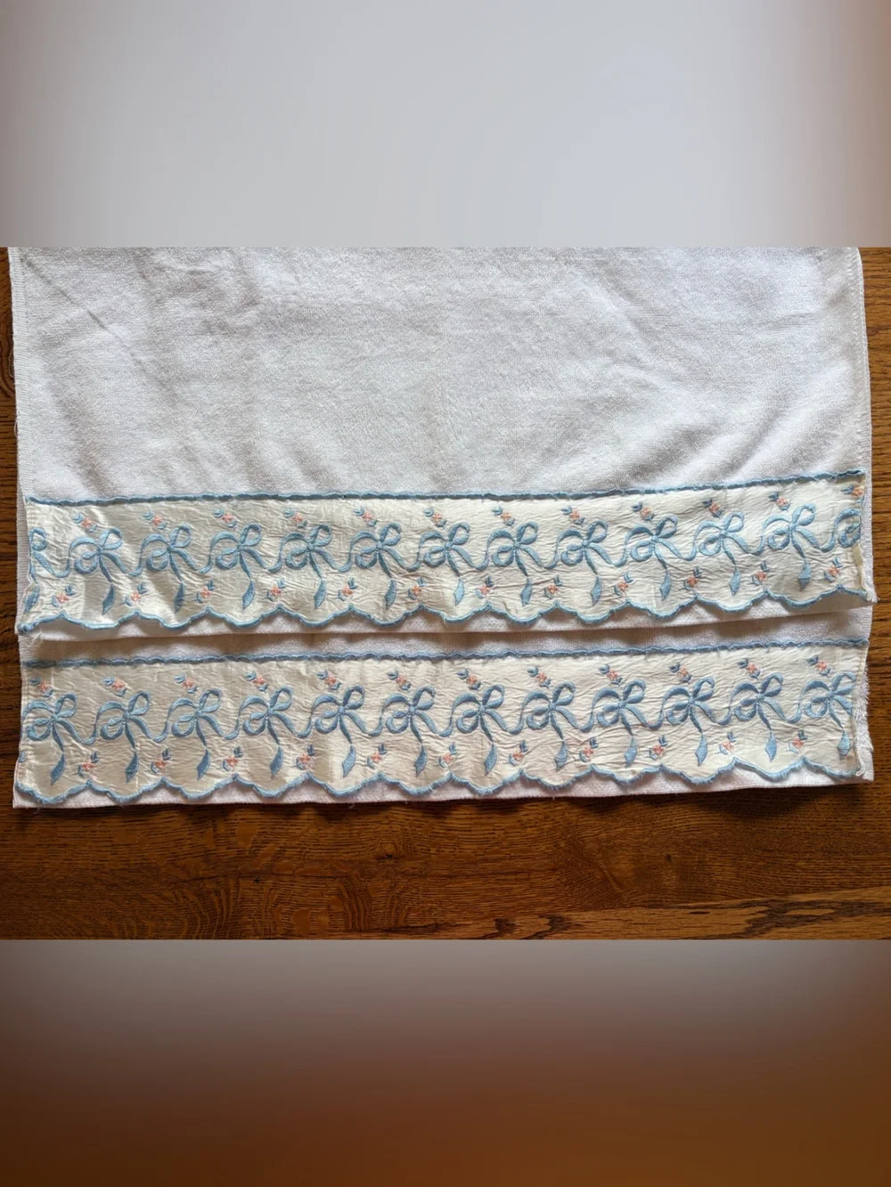 Vintage White with blue and pink Bow trim Bedding Towel Set of 2- Made in USA